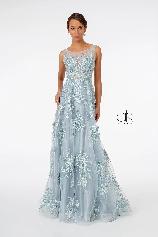 cocktail dresses with chiffon overlays for softness --Embroidered Long A-line Sleeveless Dress by Elizabeth K GL2979