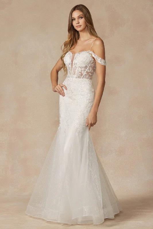 Wedding guest dresses for formal and stylish events -Embroidered White Cold Shoulder Mermaid Dress by Juliet 290W Wedding guest dresses for formal and stylish events -Embroidered White Cold Shoulder Mermaid Dress by Juliet 290W