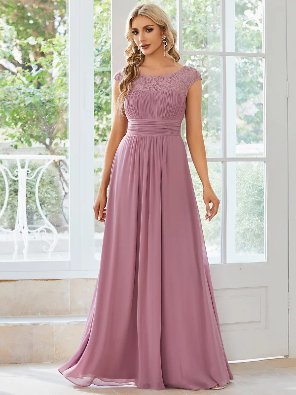 Elegant lace party dresses for sophisticated gatherings -Cap Sleeve A Line Wholesale Lace & Chiffon Evening Dresses