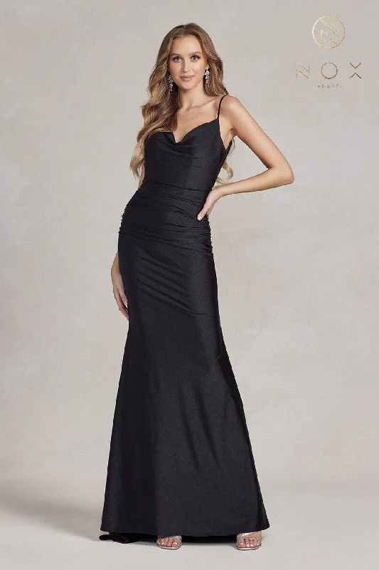 formal dresses for cocktail parties with fitted silhouettes --Sleeveless Cowl Mermaid Gown by Nox Anabel K490