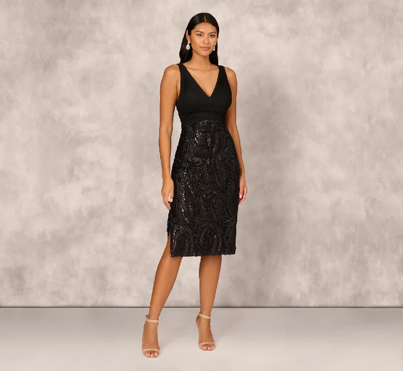 Stunning wedding guest dresses with soft draped fabric for elegance -Sleeveless Midi Dress With 3D Embroidered Skirt In Black