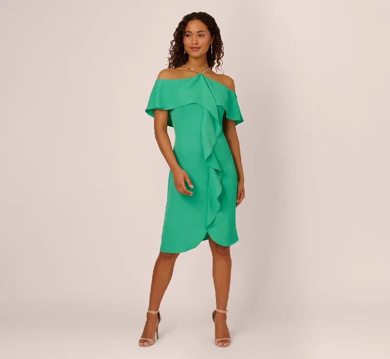 Spring dresses for beach weddings with airy fabrics -Ruffle Popover Midi Dress With Chain Halter Neckline In Flora Green