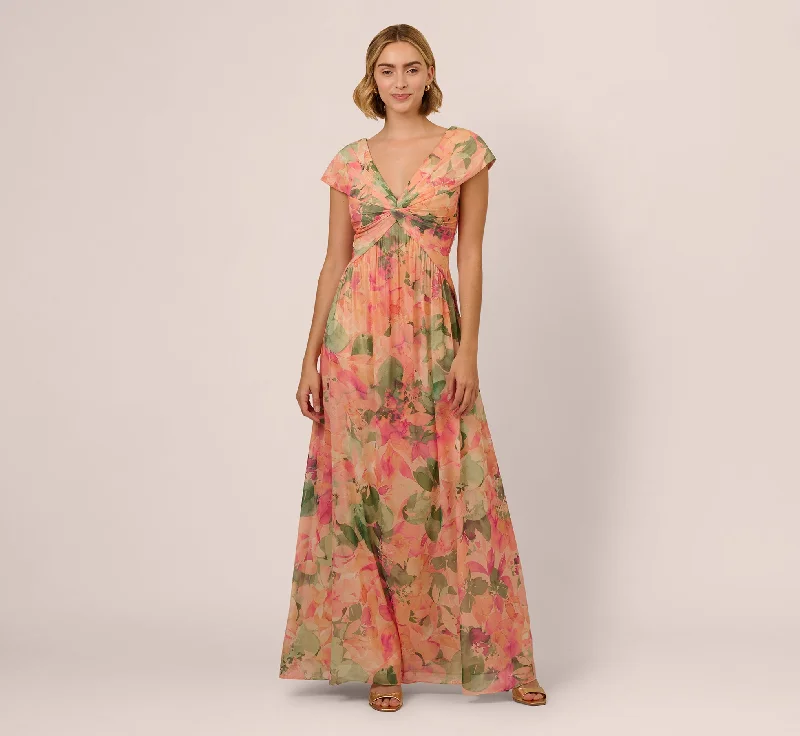 formal dresses for plus size women with A-line skirts --Printed Front Twist Gown In Blush Multi