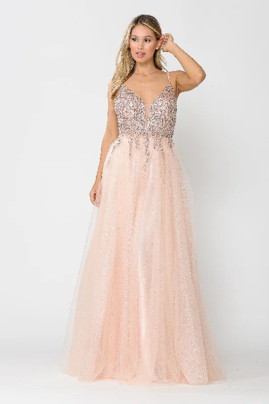 cocktail dresses with high-low hemlines for unique styles --Long Glitter Dress with Embellished Bodice by Poly USA 8718