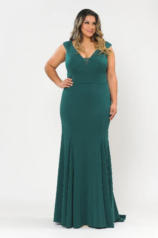 Trendy wedding guest dresses for modern bridesmaids -Plus Size Long V-Neck Jersey Fitted Dress by Poly USA W1022