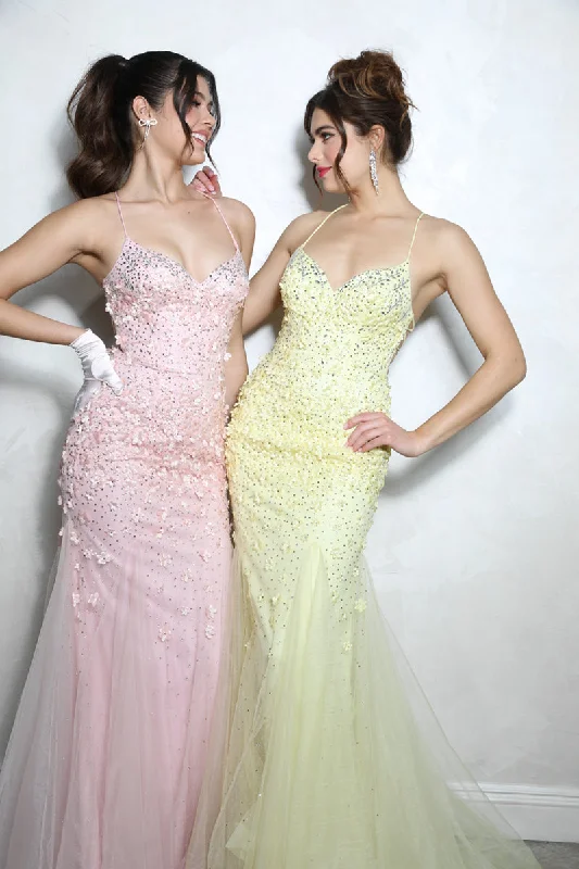 formal dresses for young adults with trendy cuts --3D Floral Fitted Strappy Back Gown by Eureka EK110