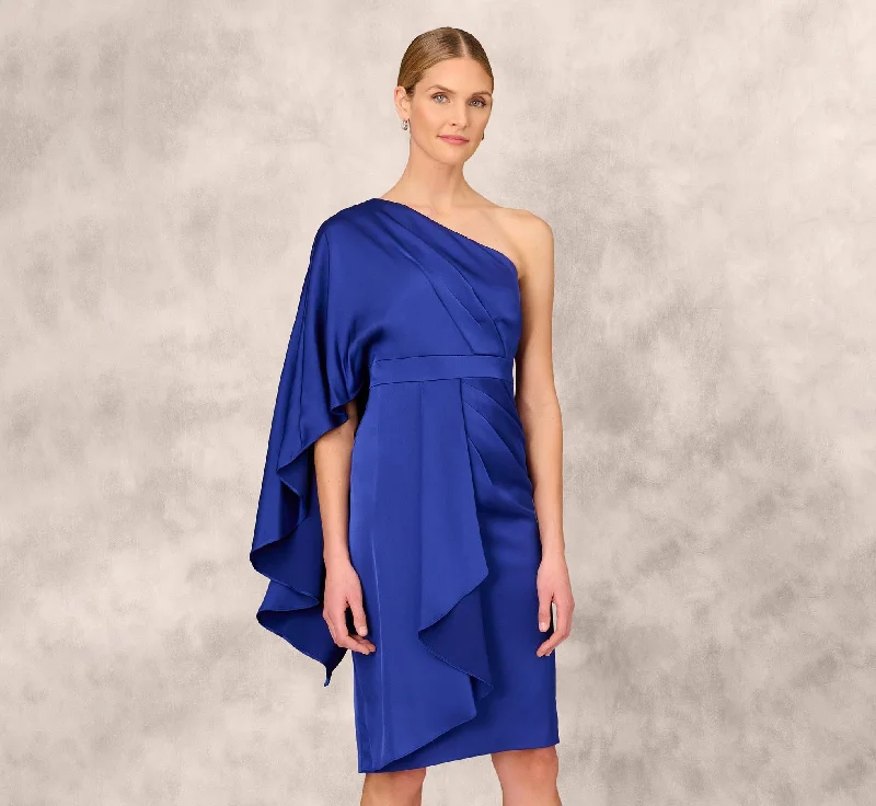 Modest wedding guest dresses for conservative weddings -One-Shoulder Satin Draped Sheath Dress With Crepe Back And Cape In Royal Sapphire