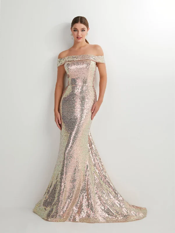 Best wedding guest dresses for fall events -Fitted Long Off Shoulder Sequin Dress by Studio 17 12911