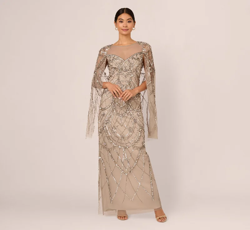 satin formal dresses with adjustable straps for comfort --Illusion Beaded Cape Dress In Platinum