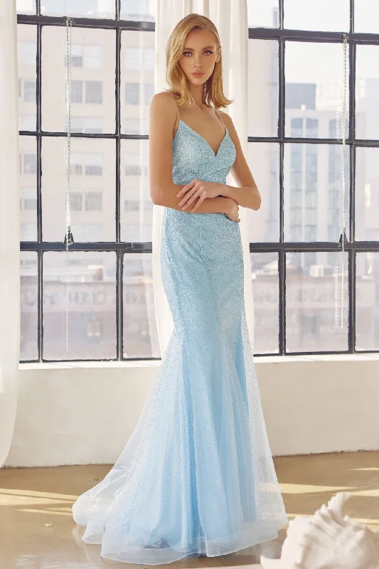 cocktail dresses with beaded bodices for sparkle --Fitted Glitter Mesh V-Neck Gown by Juliet 271