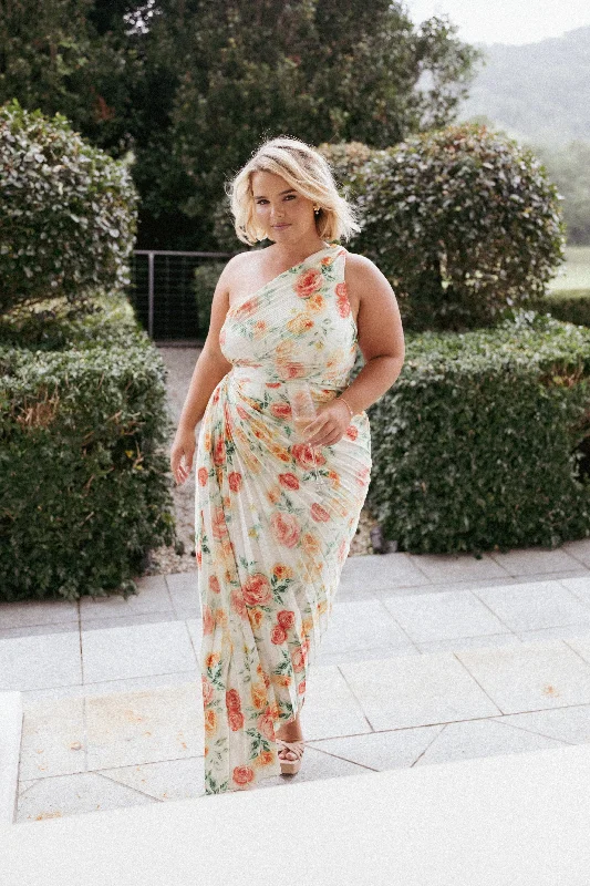formal dresses for women with disabilities featuring magnetic closures --Kleo One Shoulder Maxi Dress - Yellow Floral