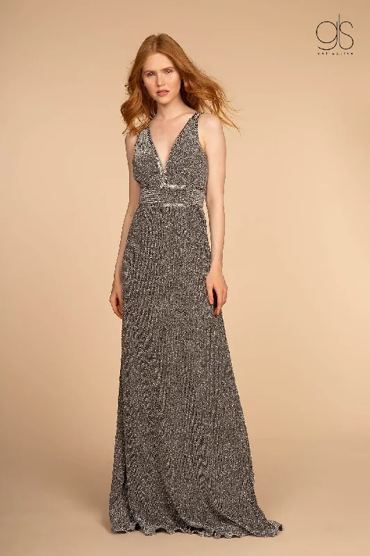 cocktail dresses with mesh inserts for edgy style --Long V-Neck Glitter Dress with Beaded Waistbands by Elizabeth K GL2503