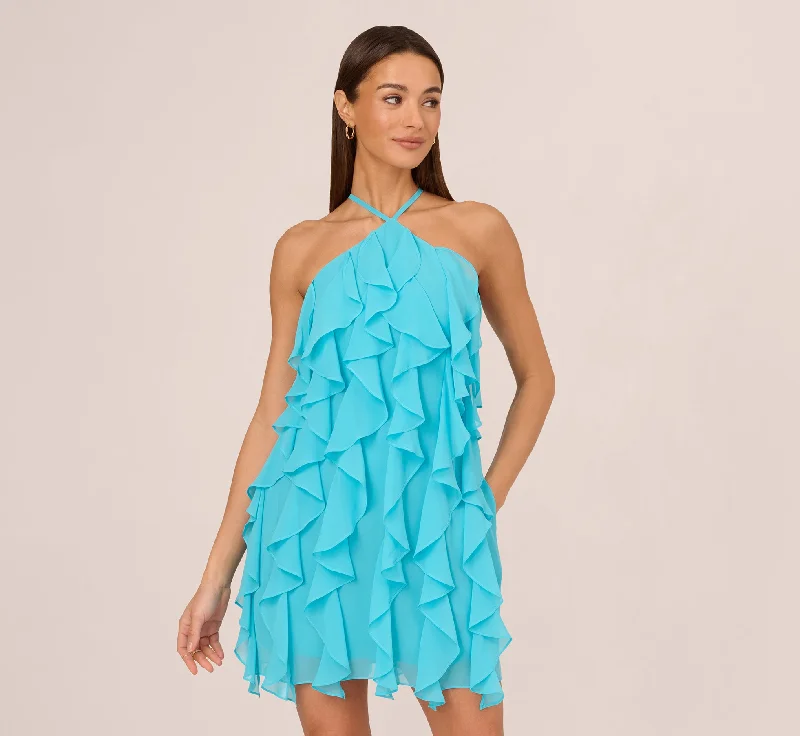 Wedding guest dresses with bell sleeves for a bohemian feel -Ruffle Chiffon Halter Dress With Pockets In Azure Blue