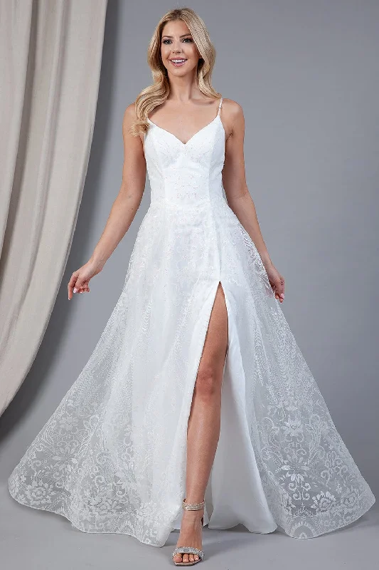Bohemian wedding guest dresses for beach ceremonies -Glitter Print A-line Slit Gown by Amelia Couture EL010