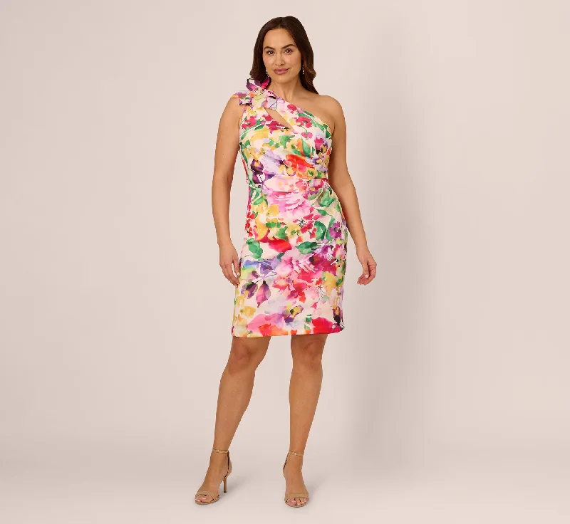 Comfortable spring dresses for long days at work -Plus Size One Shoulder Rosette Floral Sheath Dress In Pink Multi