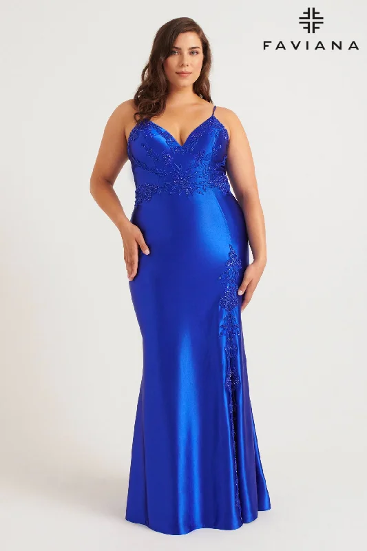 Wedding guest dresses that pair well with nude heels -Plus Size Satin Fitted V-Neck Gown by Faviana 9562