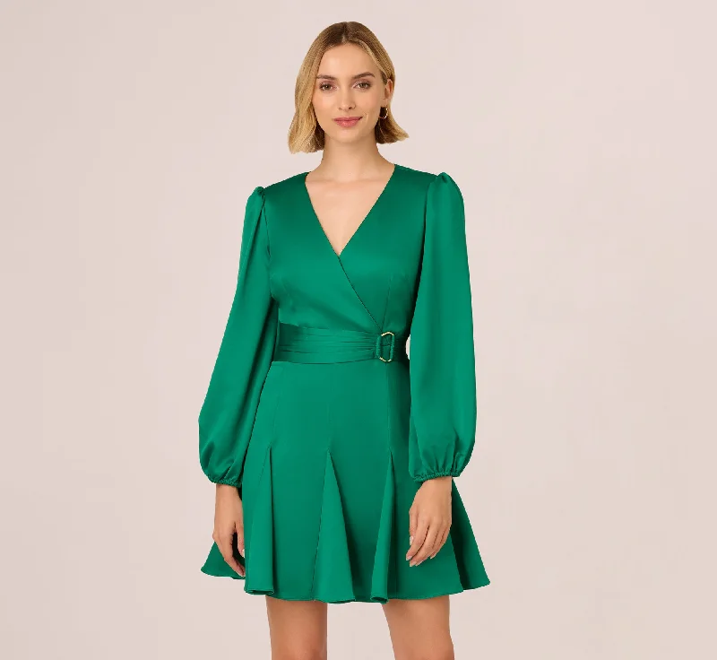Flirty spring dresses with frill details -Godet Faux Wrap Short Dress In Radiant Emerald