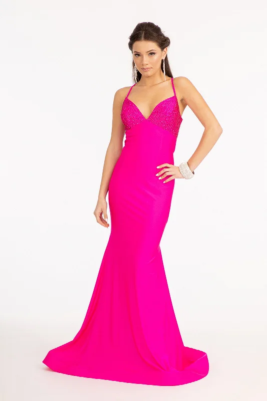 cocktail dresses with wrap fronts for flattering fit --Fitted Lace-Up Jersey Gown by Elizabeth K GL3035