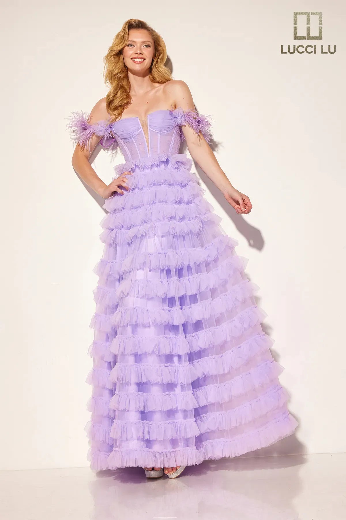 formal dresses for post-surgery patients with easy closures --Feather Off Shoulder Tiered Gown by Lucci Lu 1410