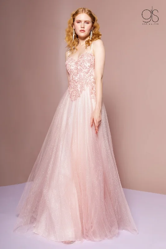 cocktail dresses with tiered ruffles for dramatic effect --Embroidered Bodice Glitter A-line Gown by Elizabeth K GL2694