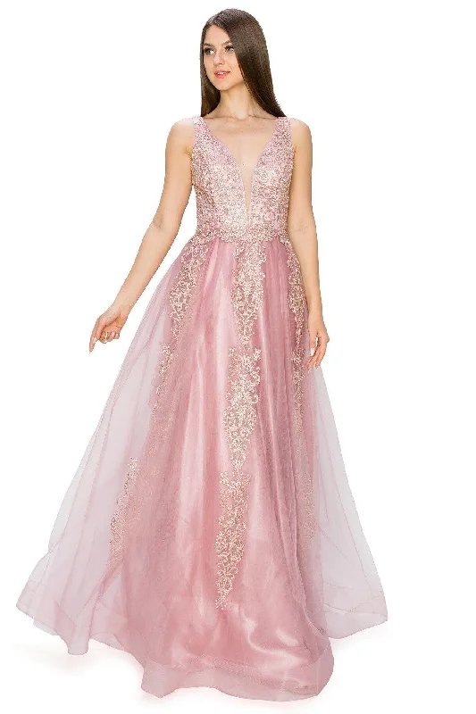 formal dresses with UV protection for outdoor ceremonies --Applique Illusion V-Neck Gown by Cinderella Couture 8029J