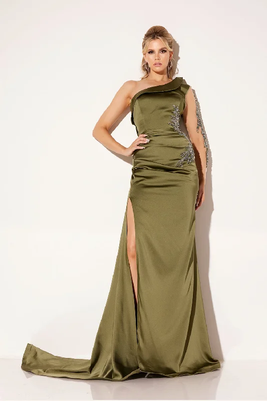 cocktail dresses with floral embroidery for romantic style --Satin Fitted One Shoulder Slit Gown by Lucci Lu C8094