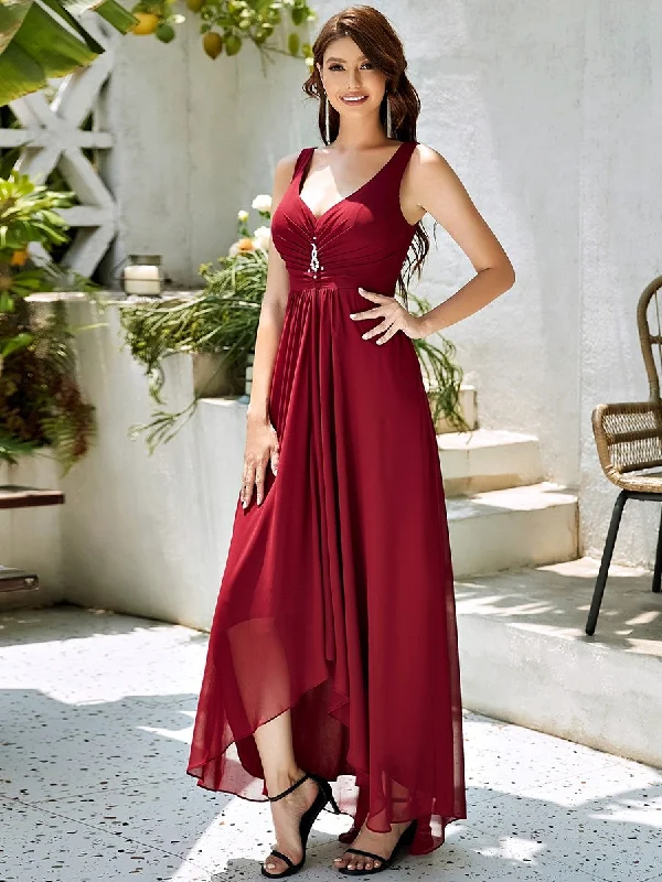 formal dresses for church events with modest hemlines --Double V Neck Rhinestones Ruched Bust High Low Evening Dresses