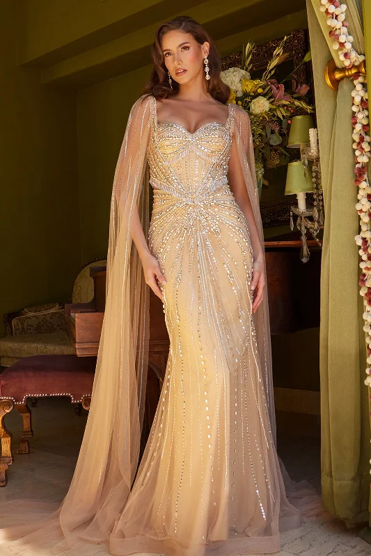 Stunning wedding guest dresses for fall celebrations -Beaded Fitted Cape Sleeve Gown by GLS Gloria GL3583