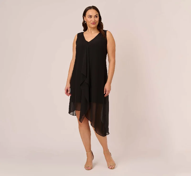 Vintage spring dresses for a retro wedding look -Plus Size Sleeveless Chiffon Dress With Cascading Details In Black