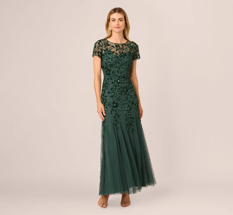 formal dresses for bridesmaids in pastel shades and lace --Hand Beaded Short Sleeve Floral Godet Gown In Dusty Emerald