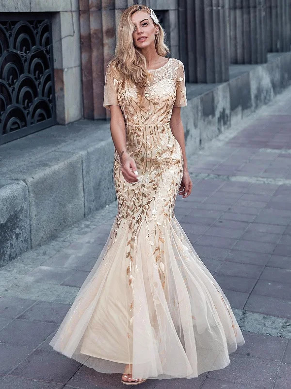 formal dresses for senior women with elegant silhouettes --Wholesale Sequin Print Fishtail Tulle Dresses for Party