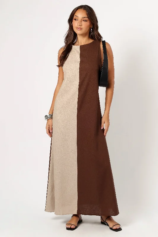 A-line party dresses for curvy women -Lindi Maxi Dress - Brown/Beige
