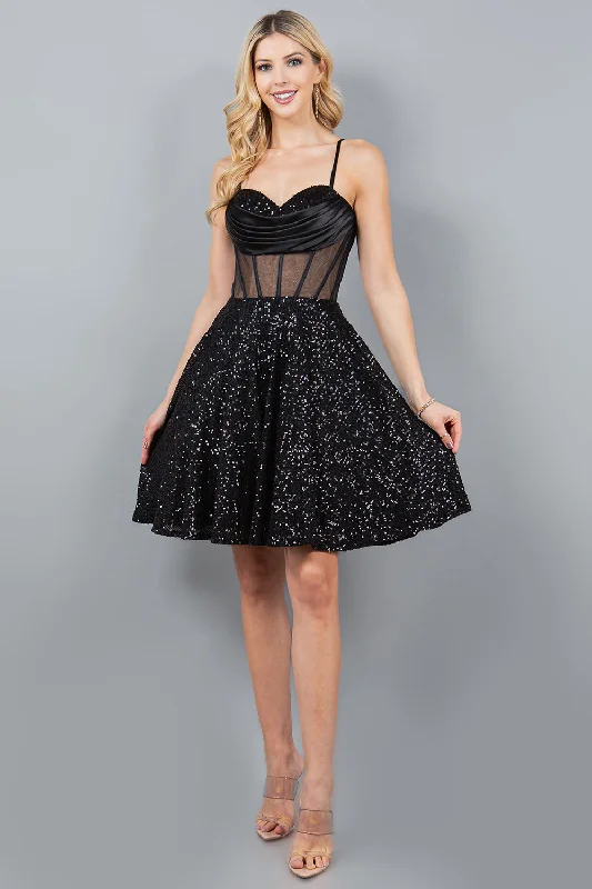 Colorful cocktail dresses for outdoor parties -Sequin Short Sheer Corset Dress by Cinderella Couture 8126J