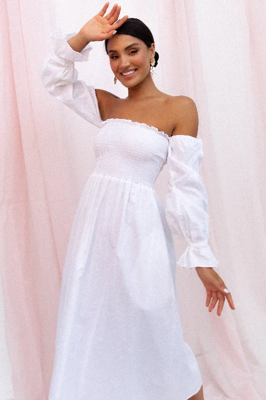 Spring dresses with off-the-shoulder designs for a romantic vibe -Domenica Shirred Long Sleeve Midi Dress - White