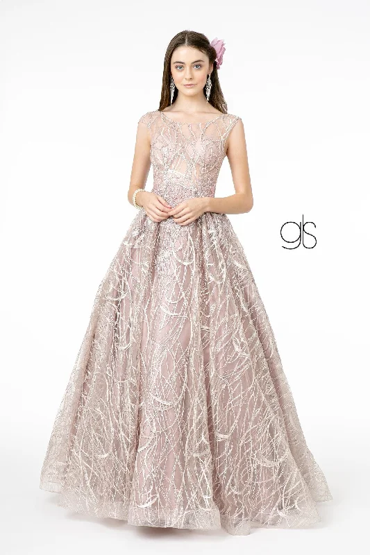 Wedding guest dresses in shades of blush for soft elegance -Embroidered Cap Sleeve Gown with Sheer Bodice by Elizabeth K GL2890
