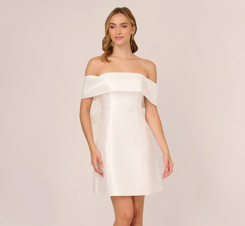 Floral print spring dresses with bright colors -Off The Shoulder Mikado Dress With Bow Back In Ivory
