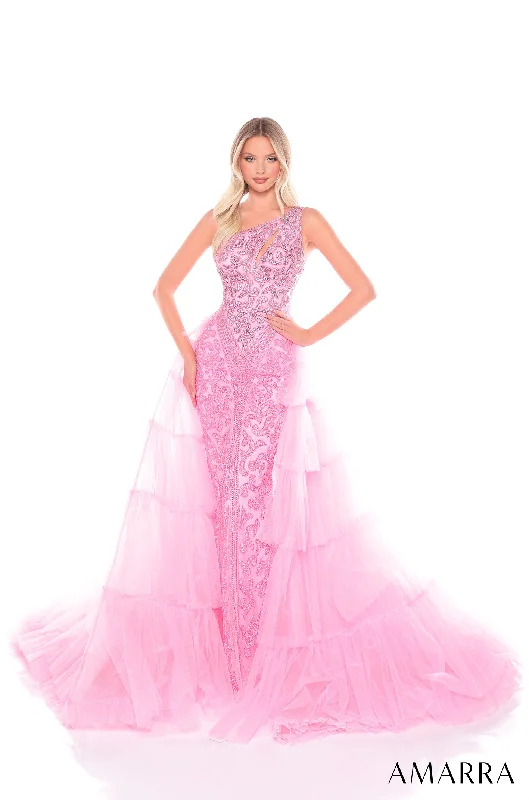 cocktail dresses with sequined bodices for sparkle --One Shoulder Tiered Mermaid Dress by Amarra 88147