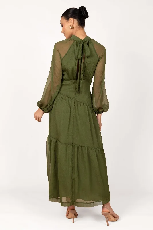 Elegant wedding guest dresses that make a statement without being too bold -Julip Sheer Long Sleeve Maxi Dress - Olive