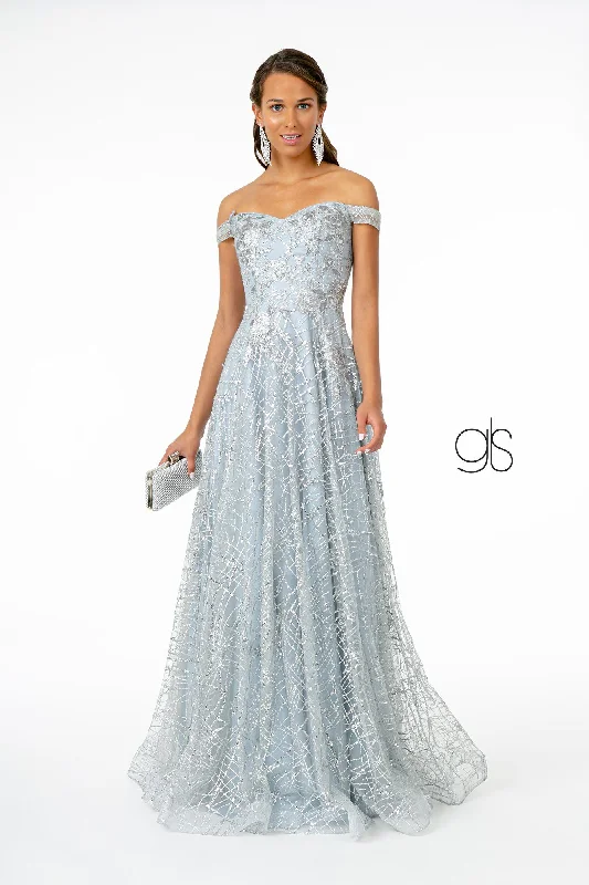Wedding guest dresses for outdoor spring celebrations -Long Off Shoulder Glitter Print Dress by Elizabeth K GL2887