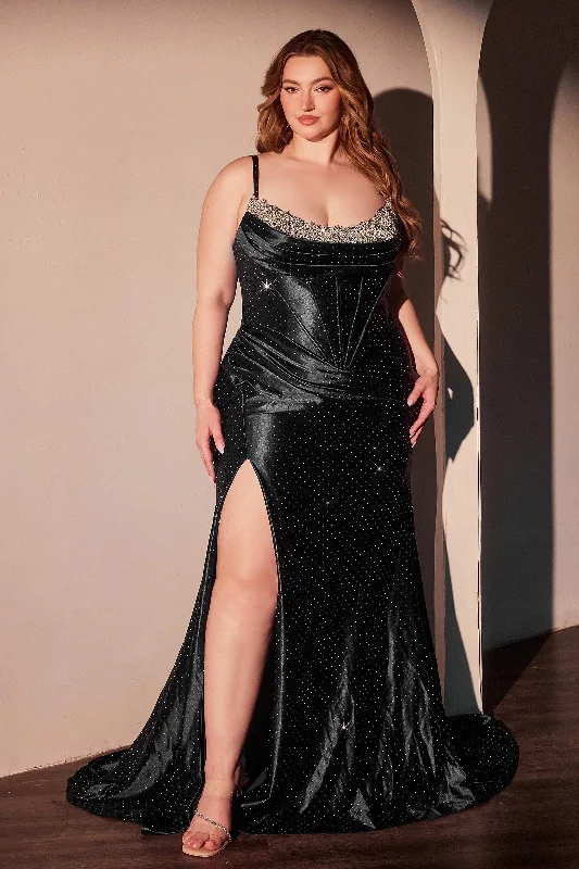 cocktail dresses with halter tops for chic style --Plus Size Beaded Satin Slit Gown by Ladivine CDS529C