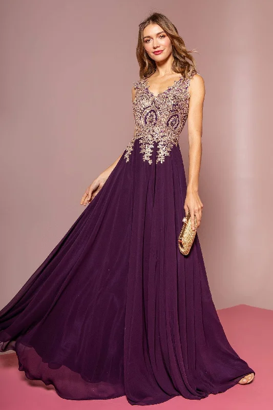Satin wedding guest dresses for evening elegance -Applique Long V-Neck Dress by Elizabeth K GL2311