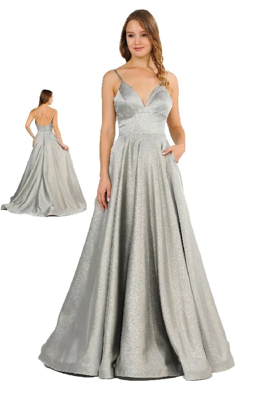 cocktail dresses with velvet bodices for winter glam --Long Metallic V-Neck Dress with Pockets by Poly USA 8358