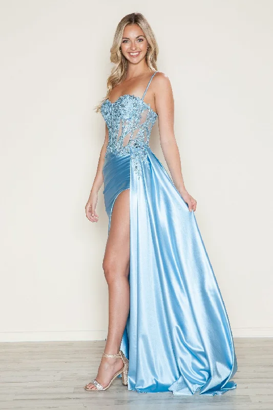 cocktail dresses with floral appliques for spring vibes --Embroidered Satin Corset Slit Gown by Poly USA 9740
