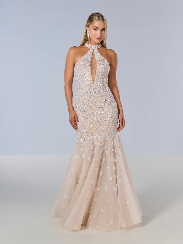 long formal dresses with open back for evening events --Beaded Halter Mermaid Dress by Tiffany Designs 16210