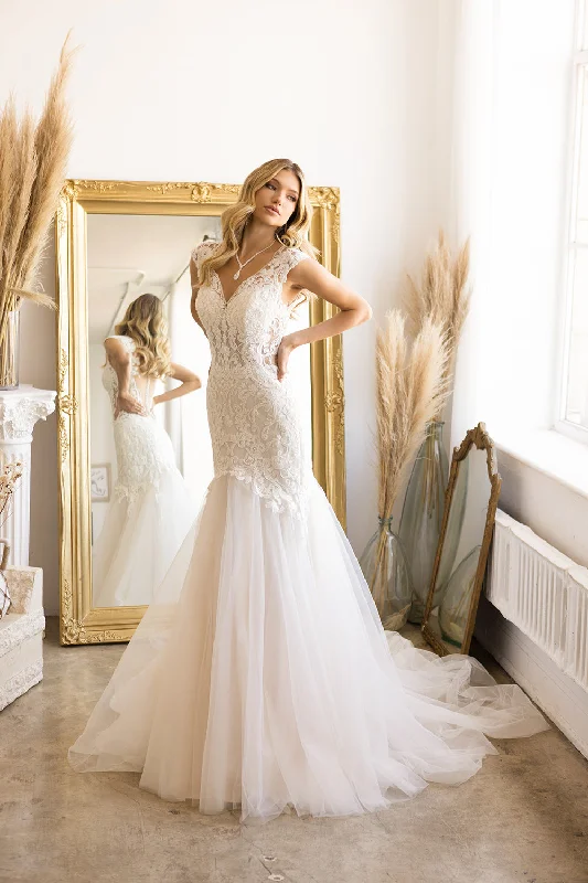 Trendy wedding guest dresses for casual weddings -Fitted Cap Sleeve Bridal Gown by Abby Lane 97195