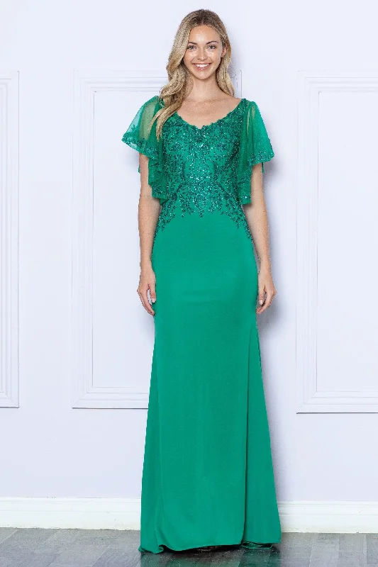 Wedding guest dresses with pleats for added movement -Fitted Embroidered Short Sleeve Gown by Poly USA 9318