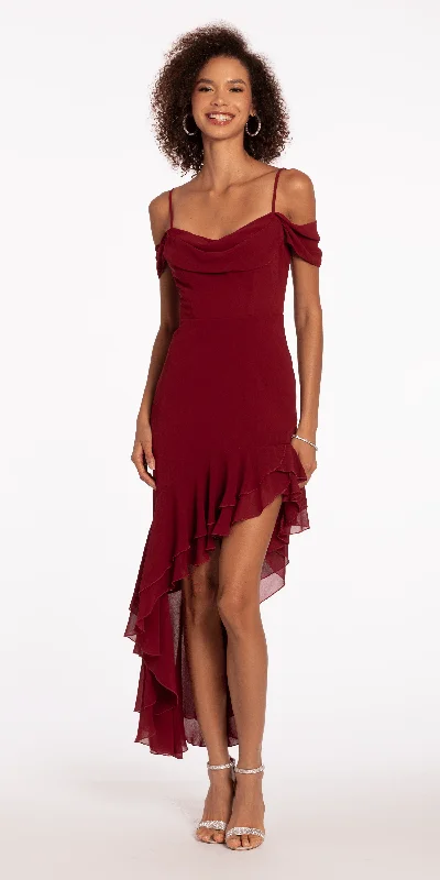 Strapless summer party dresses for warm weather -Chiffon Off the Shoulder Drape High Low Dress with Ruffle Hem