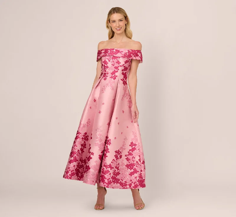 Wedding guest dresses in metallic shades for a chic look -Floral Jacquard Ankle Length Dress With Off The Shoulder Neckline In Pink Multi