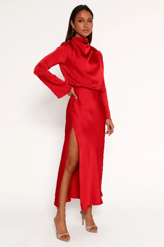 formal dresses with open backs and crisscross straps --Kristyn Long Sleeve Midi Dress - Red