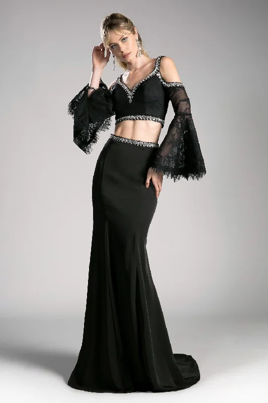 formal dresses with mesh sleeves for subtle coverage --Long Two Piece Bell Sleeve Dress by Cinderella Divine 13114